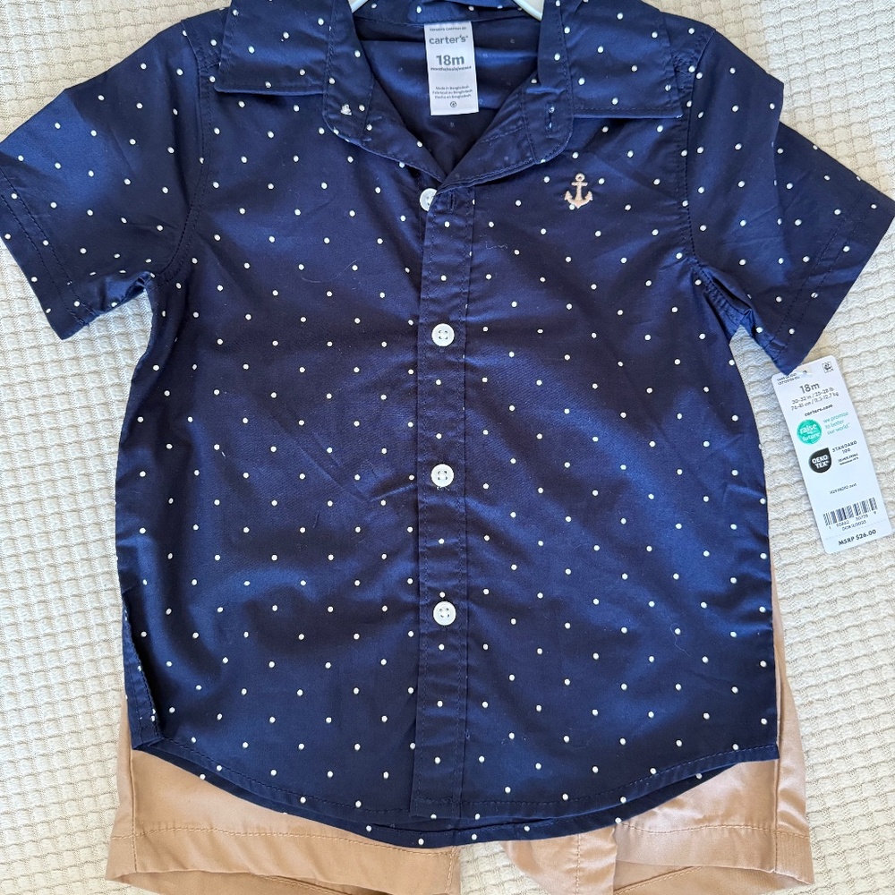Carters Infant Boy's Nautical Outfit 18 months, Blue Polka-Dot w/ tan shorts NWT